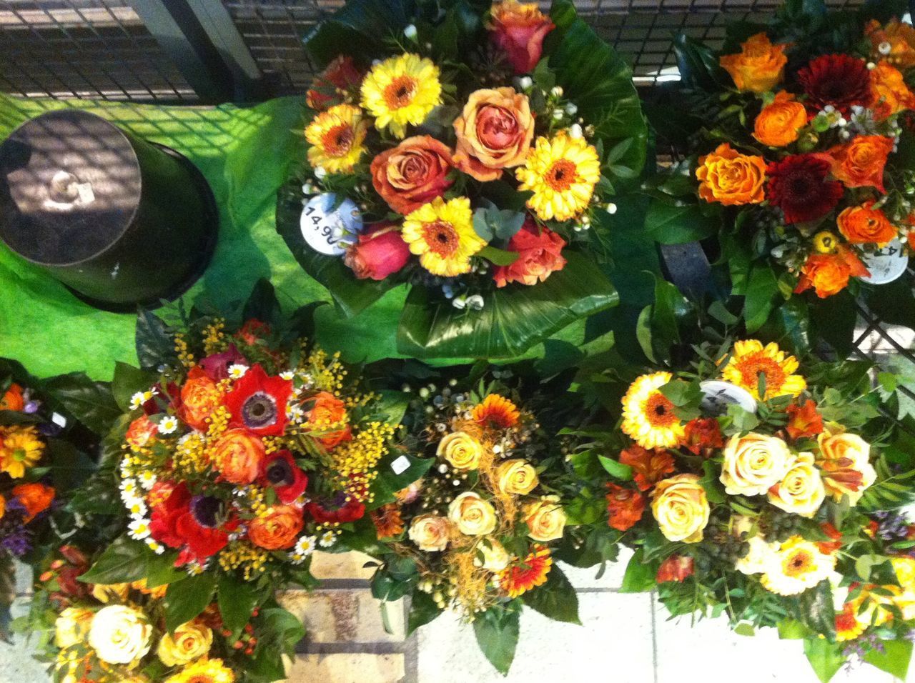 HIGH ANGLE VIEW OF VARIOUS FLOWERS ON TABLE