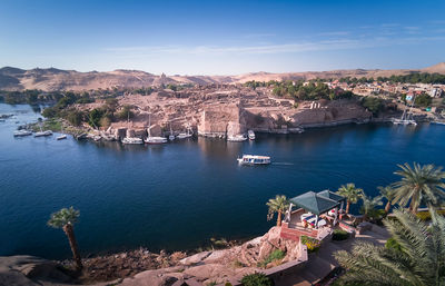 High angle view of boats in bay