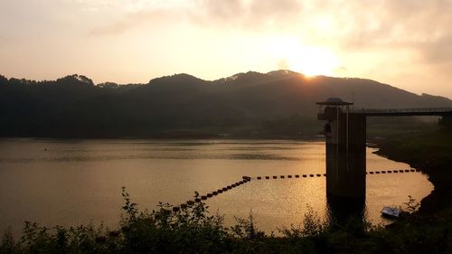 Scenic view of lake against sky during sunset