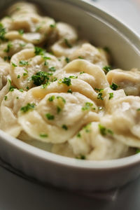 Close-up of noodles in bowl on table