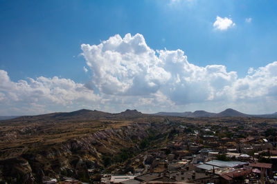 Aerial view of townscape against cloudy sky
