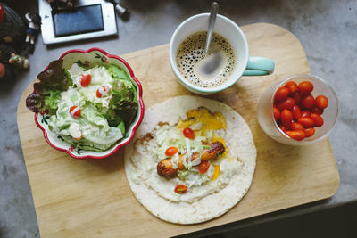 High angle view of breakfast on table