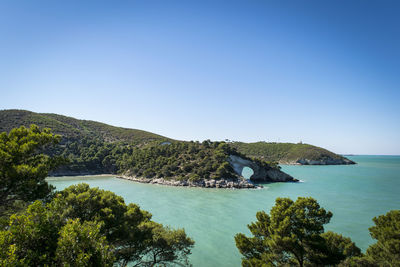 Scenic view of sea against clear blue sky