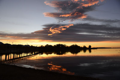 Scenic view of lake against orange sky