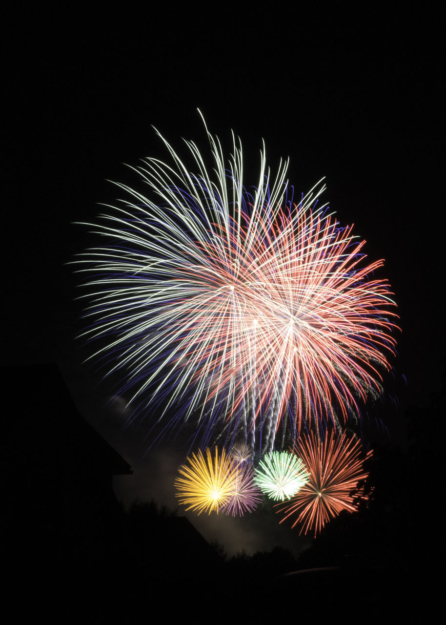 LOW ANGLE VIEW OF FIREWORK DISPLAY IN SKY