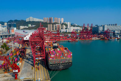 Panoramic view of commercial dock against clear sky