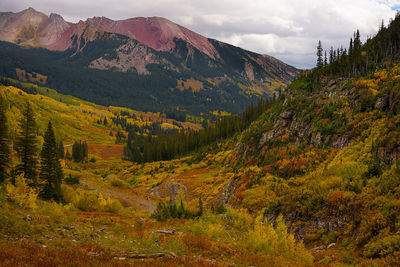 Scenic view of mountains against sky during autumn