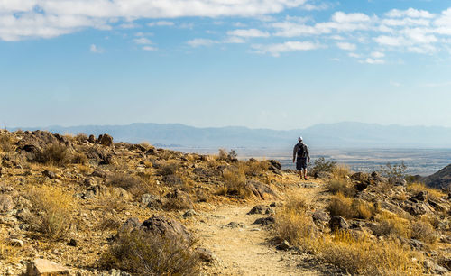 Rear view of man walking on landscape at desert