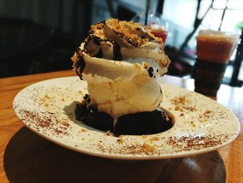 Close-up of dessert served on table