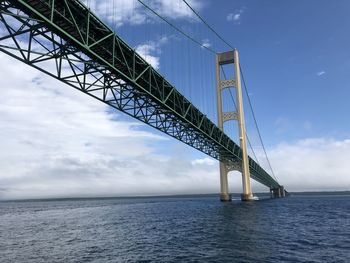 Low angle view of mackinac bridge over lake michigan against blue sky