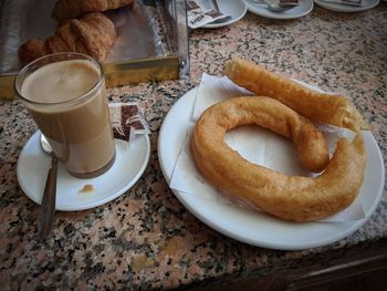 High angle view of breakfast served on table