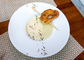 High angle view of dessert in plate on table