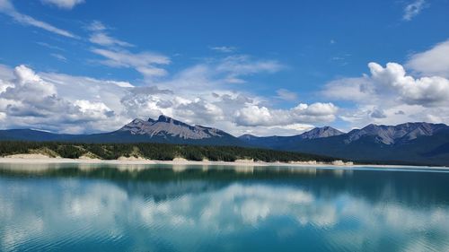 Scenic view of lake by mountains against sky