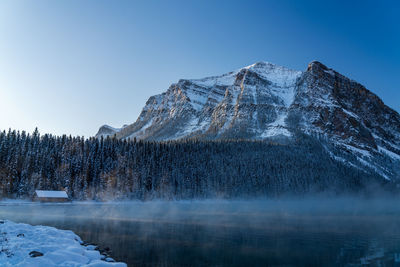 Scenic view of snowcapped mountains against clear sky