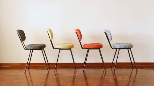 Empty chairs arranged against wall