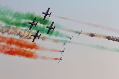 Low angle view of airshow against clear sky