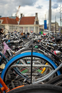 Close-up of bicycles in parking lot