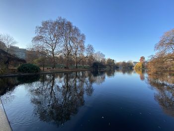 Scenic view of lake against clear blue sky