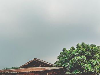 Low angle view of cottage against clear sky