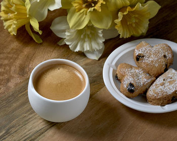 High angle view of coffee served on table