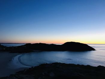 Scenic view of sea against clear sky at sunset