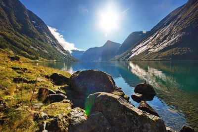 Panoramic view of lake and mountains against sky