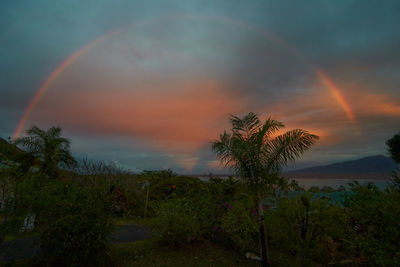 Scenic view of rainbow against sky at sunset