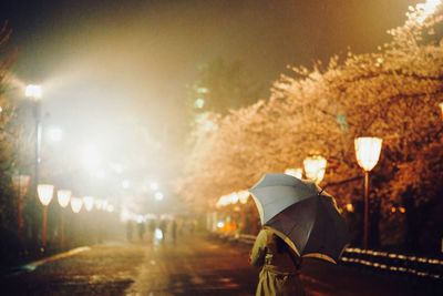 Rear view of woman with umbrella walking in street at night