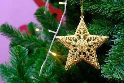 Close-up of star shaped ornament hanging on christmas tree