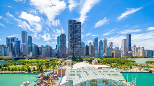 Panoramic view of city buildings against cloudy sky