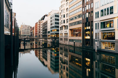 Reflection of buildings on canal in city