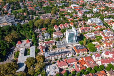 High angle view of buildings in city