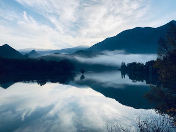 Scenic view of lake and mountains against sky