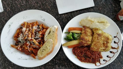 High angle view of food in plate on table