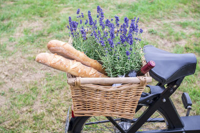 High angle view of bread with lavender flowers and wine bottle in bicycle basket