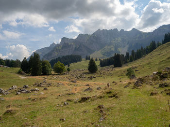 Scenic view of landscape and mountains against sky