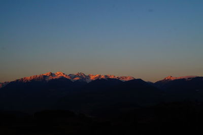 Scenic view of silhouette of mountains against sky at sunset