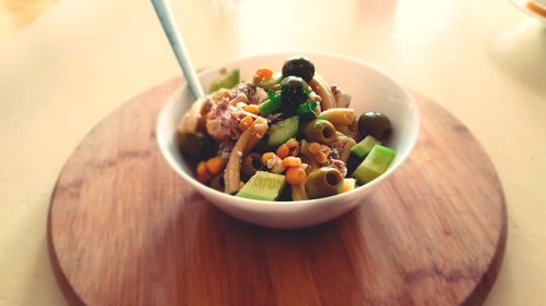 High angle view of breakfast in bowl on table