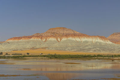 Scenic view of desert against clear blue sky