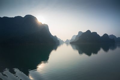 Scenic view of lake and mountains against clear sky