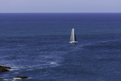 Sailboat sailing on sea against clear sky