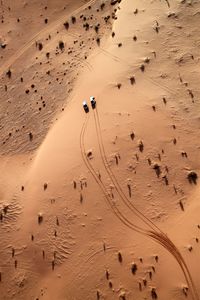 Aerial view of cars driving through desert