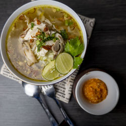 High angle view of food in bowl on table