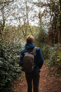 Rear view of man standing in forest