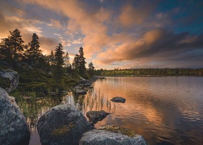 Scenic view of lake against sky during sunset