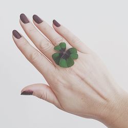 Close-up of woman hand over white background