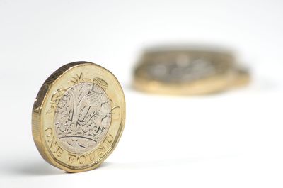 Close-up of coins on white background