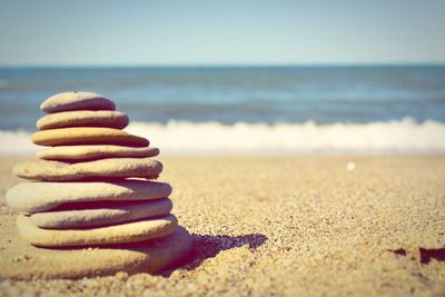 Close-up of shells on sand at beach against sky