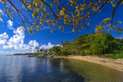 Scenic view of sea against blue sky