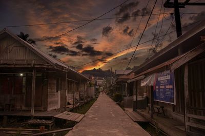 Railroad tracks amidst buildings against sky at sunset